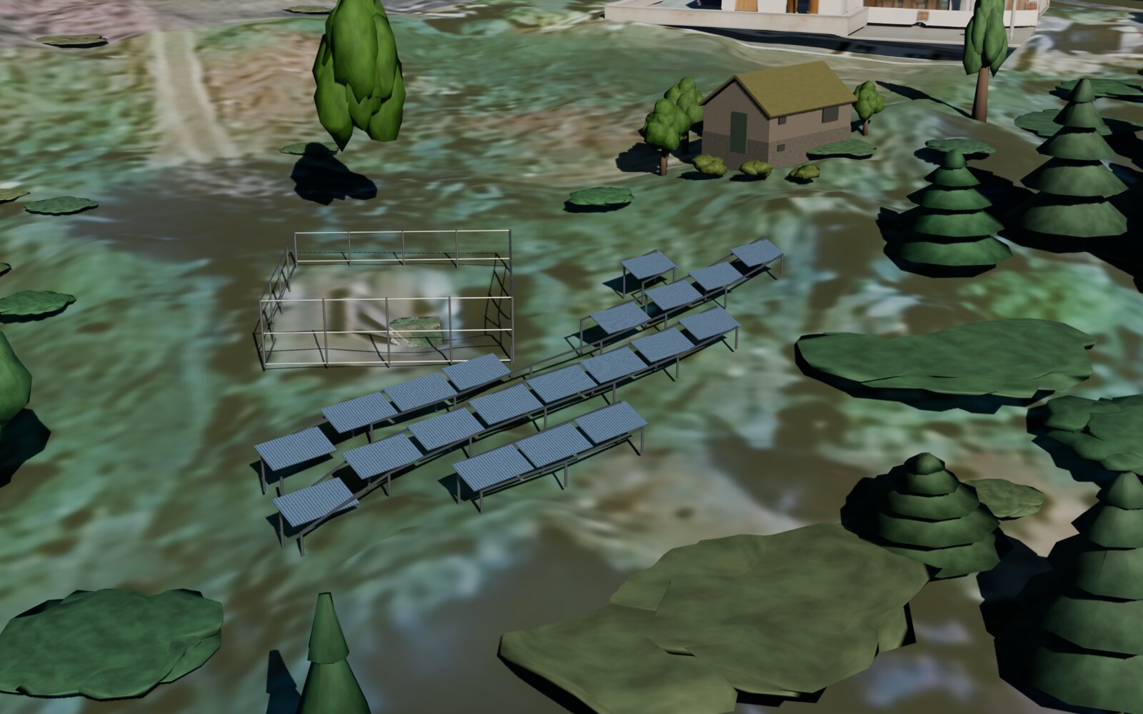 Ground-mounted array modelled beside the house and outbuildings|760