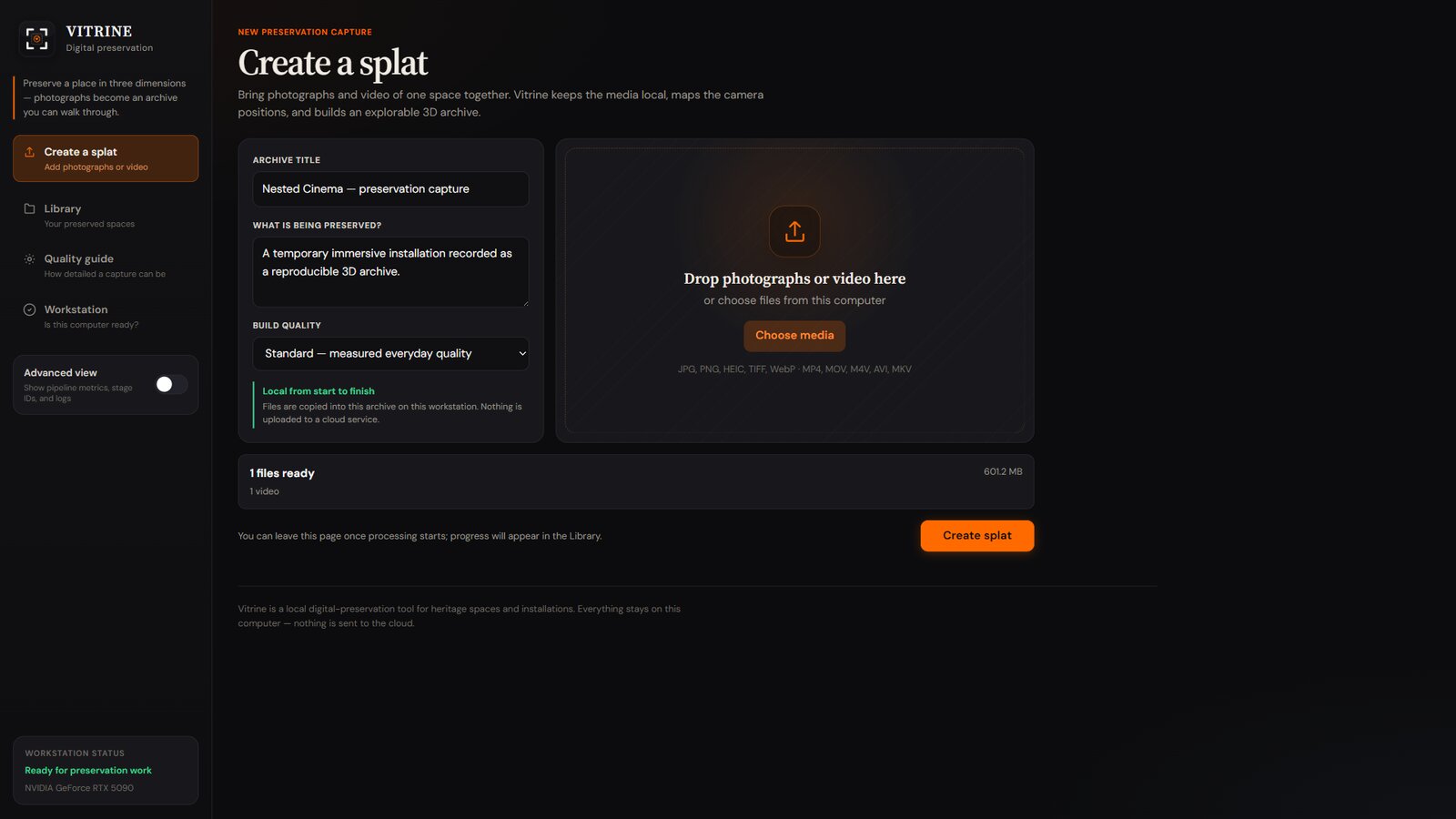 The "Create a splat" screen: photos in, archive out|760